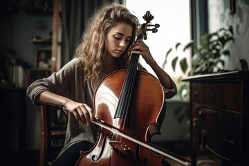 Fototapeta na wymiar shot of a young woman playing the cello at home