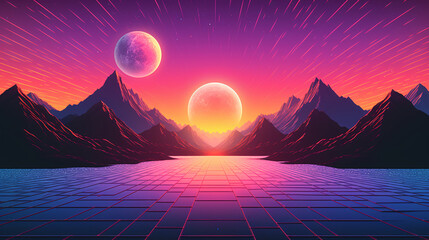 sunrise over the mountains, retro style