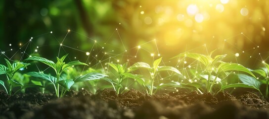 Sprouting seedlings in sunlit soil, a symbol of growth and eco-friendly agriculture. vivid, green, refreshing image. AI - obrazy, fototapety, plakaty