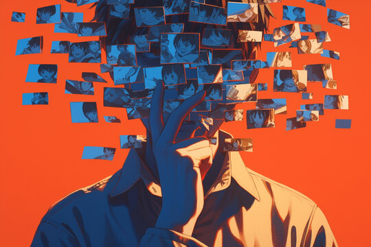 Illustration of young teeager girl in flow of social networks and prvacy in the Internet