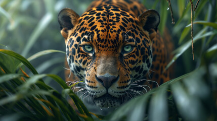 Obraz premium Jaguar with green eyes stalking prey, detailed vegetation in rainforest background