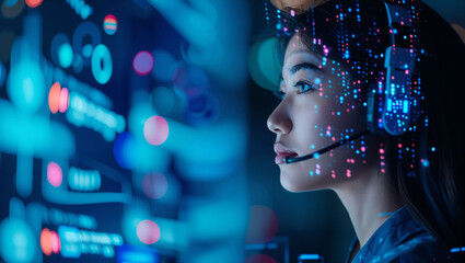 Visuals representing customer service and support, including headsets, customer interaction, and help desks