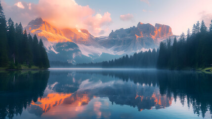 A serene mountain lake, with reflections of towering peaks as the background, during a tranquil...