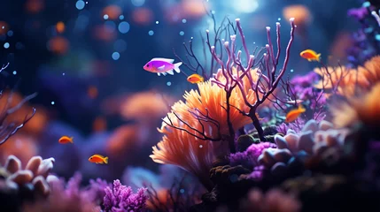 Poster Flower sea living coral and reef color under deep dark water of sea ocean environment. © alexkich