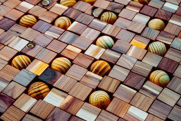 natural wooden mosaics cubes and  balls, random wooden floor tiles, wood artwork, wooden background