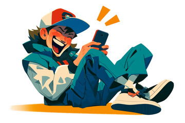 Happy teenager boy play in mobile gaming, white background isolated, Holding smartphone in hands