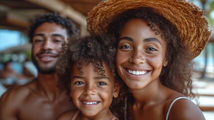 Fototapeta premium Sandy Smiles Joyful Family Moments by the Sea