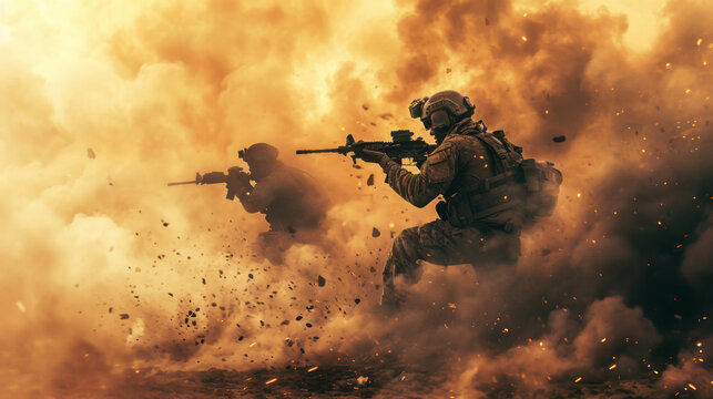 Military special forces soldiers in warzone through fire and smoke