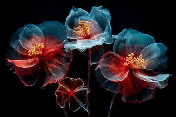 Blue orange flowers made of glass, metall, plastic
Black background
Generation AI