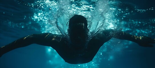 Underwater view of swimmer in action. serene and dynamic, the art of swimming captured in a single frame. perfect for aquatic themes. AI