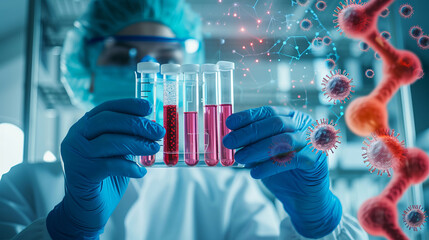 Scientist holding medical testing tubes of medical pharmaceutical research with virus cure
