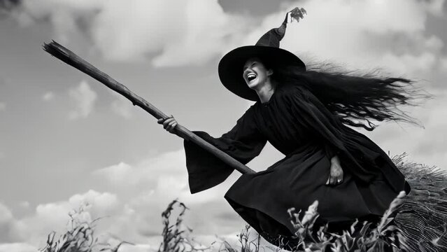 A witch in black silhouette riding a broom, flying through a cloudy sky. The image is mystical yet powerful.
