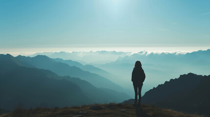 Silhouette of a person that is standing on the top of the mountains