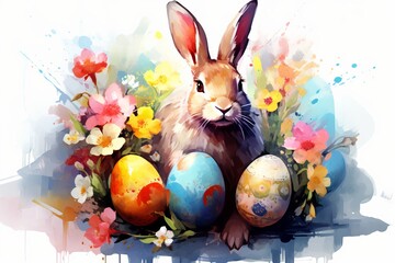 Cute Easter bunny with colourful eggs and flowers around, pastel colours, watercolour illustration