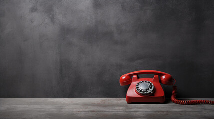 landline red phone on a gray wall background - obrazy, fototapety, plakaty