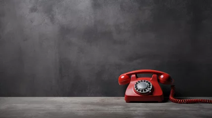 Deurstickers landline red phone on a gray wall background © alexkich
