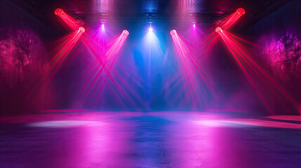 Free stage with lights and smoke, Empty stage with red and violet spotlights, conser, show, party, Presentation concept.  red and violet   spotlight strike on black background