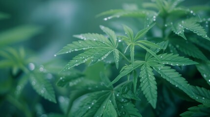 Closeup of water dripping onto the leaves of a cannabis or marijuana plant