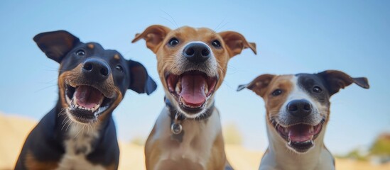 Three companion dogs of different breeds, carnivores known for their fawn-colored coats, sit with jaws open, revealing smiling faces, and sniff the sky.