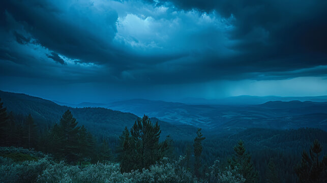 View from the top of a mountain during a thunderstorm, with dark and ominous clouds in the background