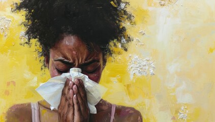 Detailing the experience of illness, a woman with flu or allergic symptoms coughs and blows her nose at home, depicting the struggle and discomfort of being unwell. - obrazy, fototapety, plakaty