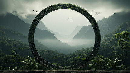 Beautiful round nature green lash arch in mountain forest park, concept mother nature path - obrazy, fototapety, plakaty