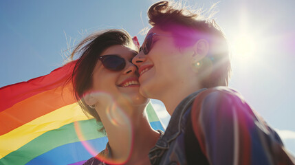 Sunny Street Affection Lesbian Women Smiling in Joyful Embrace