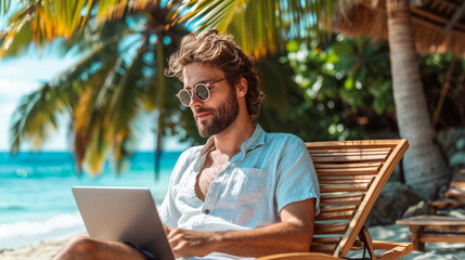 A man sitting on a wooden lounge chair working on a laptop with the ocean in the background, representing a nomadic, remote work lifestyle.  Ai generative - Powered by Adobe