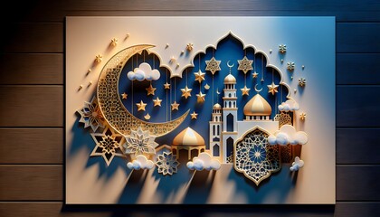 Ramadan Kareem vector card with 3d golden metal crescent, hanging stars, paper cut clouds, mosque....
