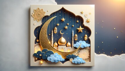 Ramadan Kareem vector card with 3d golden metal crescent, hanging stars, paper cut clouds, mosque. Arabic style arch with traditional pattern. Copy space.

