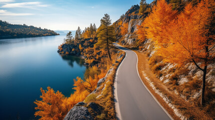 Aerial view of rural road with red car in yellow and orange autumn forest with blue lake - obrazy, fototapety, plakaty