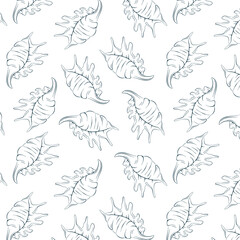 Line art seamless pattern with seashells. Hand drawn undersea style. Seamless for fabric design, wrapping paper and print. Vector illustration on a white background.