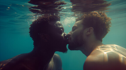 Depth of Love Black Homosexual Couple Sharing a Tender Kiss Underwater