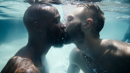 Aquatic Affection Close-Up of Gay Men Embracing in an Underwater Kiss