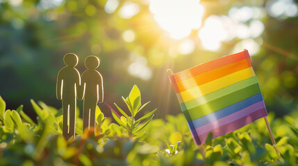 Intimate Macro Embrace LGBT Flag Close-Up with Twin Cardboard Figures in Unity