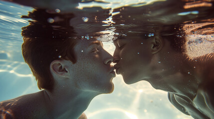 Subaquatic Embrace Homosexual Men Expressing Affection with an Underwater Kiss