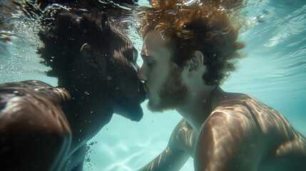 Liquid Love Underwater Close-Up of a Gay Couple Sharing a Romantic Kiss