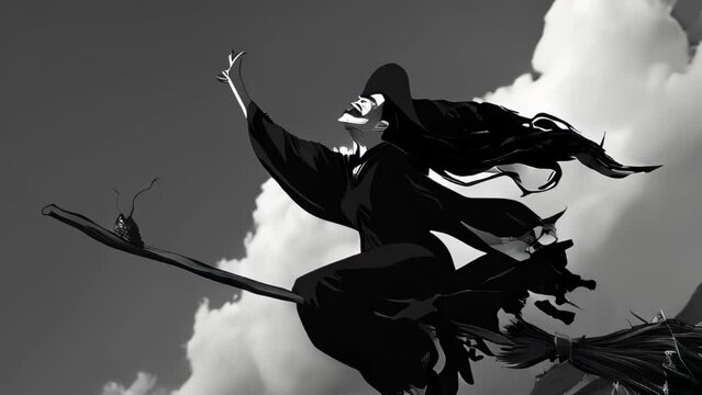 A witch in black silhouette riding a broom, flying through a cloudy sky. The image is mystical yet powerful.
