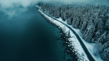 Overhead view of a road through a snow covered landscape - 731578709