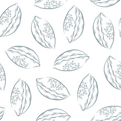 Seashell seamless pattern in line art style. Undersea background design for textile, package, fish restaurant. Vector illustration on a white background.