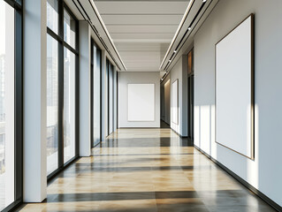 Fototapeta premium A modern office interior hallway with large windows on one side and blank posters in frames on the wall, canvas or billboard-like spaces for display. Ai generative