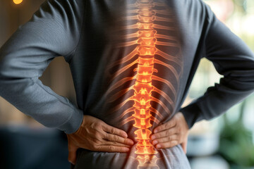 Lower back pain and Man holding back in pain - obrazy, fototapety, plakaty