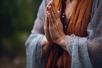 meditation, prayer hands and women in a outdoor for calm, zen and peace