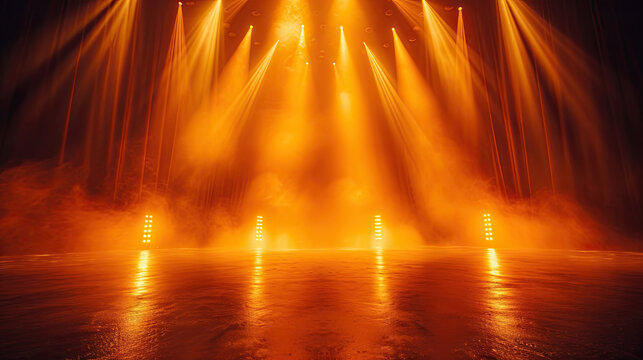 Free stage with lights and smoke, Empty stage with orange spotlights, conser, show, party, Presentation concept. amber orange spotlight strike on black background,