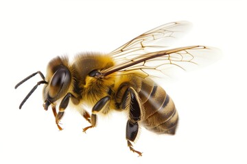 Macro Image of a Golden Fuzzy Bee with Wings and Antennae Isolated on White Background