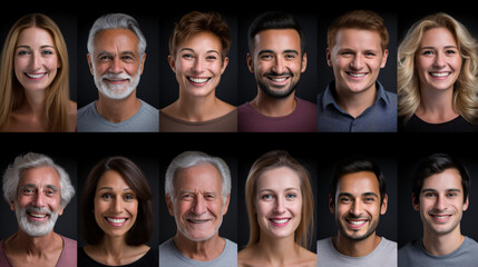 Portraits of smiling men and women in front of a black background. Headshots