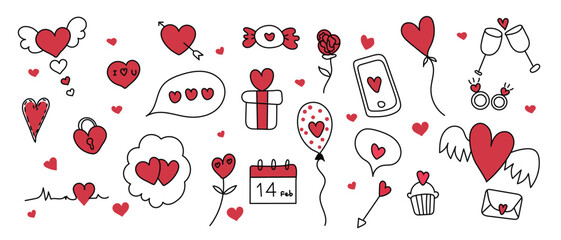 Set of valentine doodle element vector. Hand drawn doodle style collection of heart, arrow, gift, balloon, speech bubble, key, candy. Design for print, cartoon, decoration, sticker, clipart.