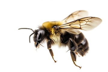 Close-Up Image of a Fuzzy Bee with Transparent Wings and Detailed Eyes Isolated on White Background