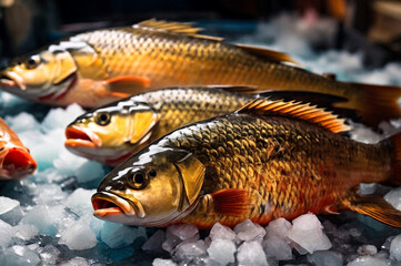 Fresh frozen carp on store counter in hypermarket. Concept of retail food backgrounds. Fresh seafood on crushed ice at fish market. Frozen sea fish on display counter at store. Copy ad text space