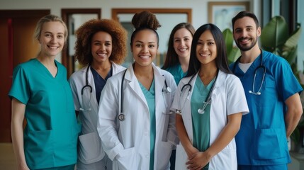 Group of doctors of different nationalities and genders looks at camera and smiles